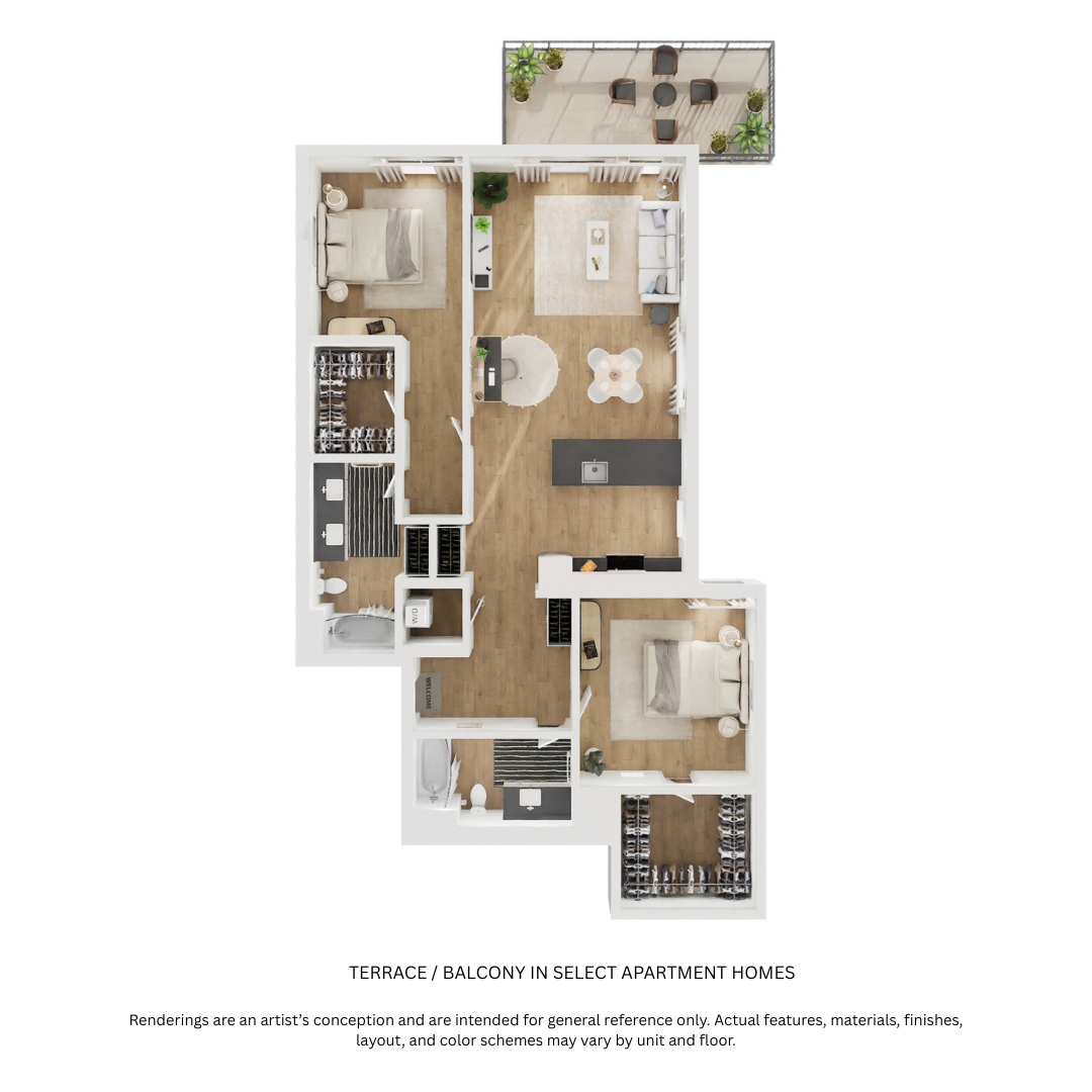 Floor plan for 2 beds, 2 baths, 1143 sqft